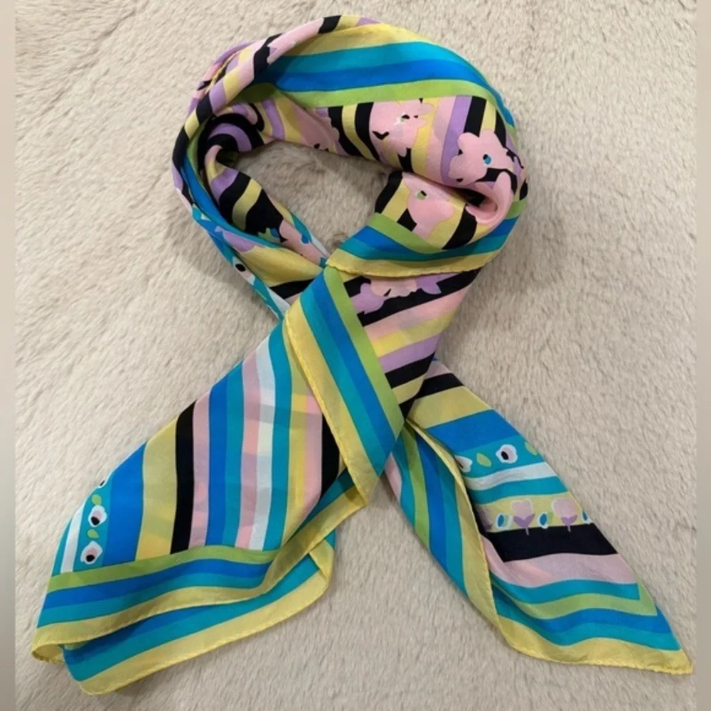 Honey Silk Square Scarf Floral Stripe Multicolor Vintage Style